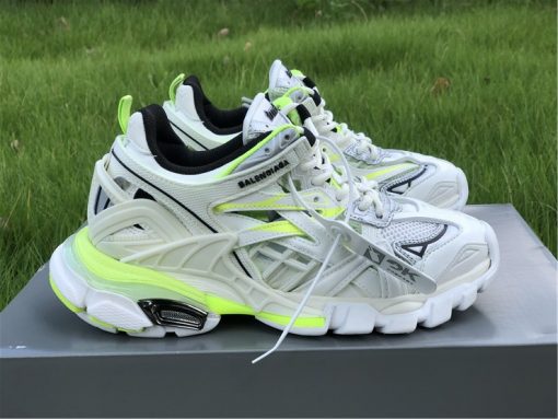 Balenciaga Track 2 White Fluorescent Yellow Sneaker replica sneakers showcasing a stylish design with a vibrant color combination, ideal for fashion enthusiasts seeking high-quality alternatives.