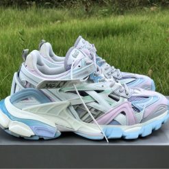 Balenciaga Track 2 White Light Blue Sneaker high-quality replica sneakers showcasing a stylish design with a blend of white and light blue colors, featuring a chunky silhouette and detailed stitching, perfect for trendy streetwear.