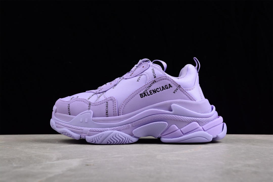 Balenciaga Triple S Allover Logo Purple replica sneakers featuring a vibrant purple design with an allover logo print, crafted with high-quality materials for an authentic look and feel.