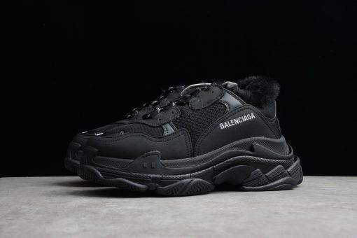 Balenciaga Triple S Black With Fur Sneaker - High-quality replica sneakers featuring a stylish design and luxurious fur accents, ideal for fashion-forward individuals seeking comfort and elegance.
