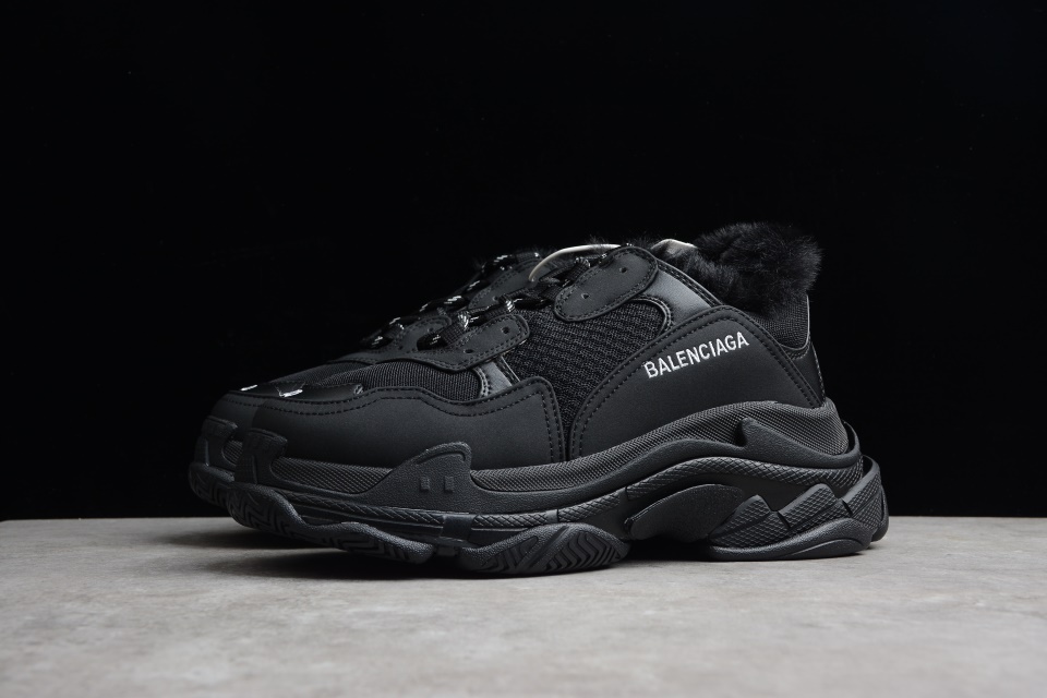 Balenciaga Triple S Black With Fur Sneaker replica sneakers featuring a stylish design, luxurious materials, and an eye-catching combination of black and fur elements for a fashionable statement.