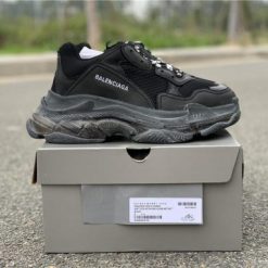 Balenciaga Triple S Clear Sole Black replica sneakers showcasing a stylish and modern design with a clear sole, perfect for sneaker enthusiasts looking for high-quality alternatives.