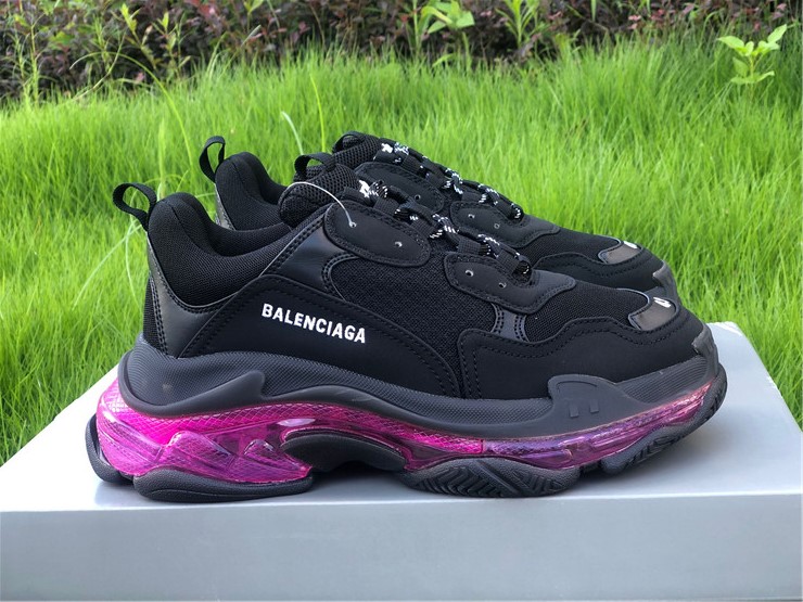 Balenciaga Triple S Clear Sole Black Plum Red replica sneakers featuring a stylish design with a clear sole, perfect for sneaker enthusiasts seeking high-quality alternatives.