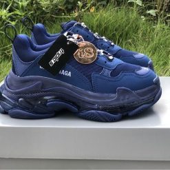 Balenciaga Triple S Clear Sole Blue replica sneakers featuring a bold blue upper, distinctive chunky silhouette, and transparent sole for a stylish streetwear look.