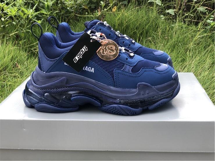 Balenciaga Triple S Clear Sole Blue replica sneakers featuring a bold blue upper, distinctive chunky silhouette, and transparent sole for a stylish streetwear look.