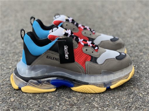 Balenciaga Triple S Clear Sole Blue Red replica sneakers featuring a bold color combination and clear sole design, perfect for fashion enthusiasts seeking high-quality alternatives.