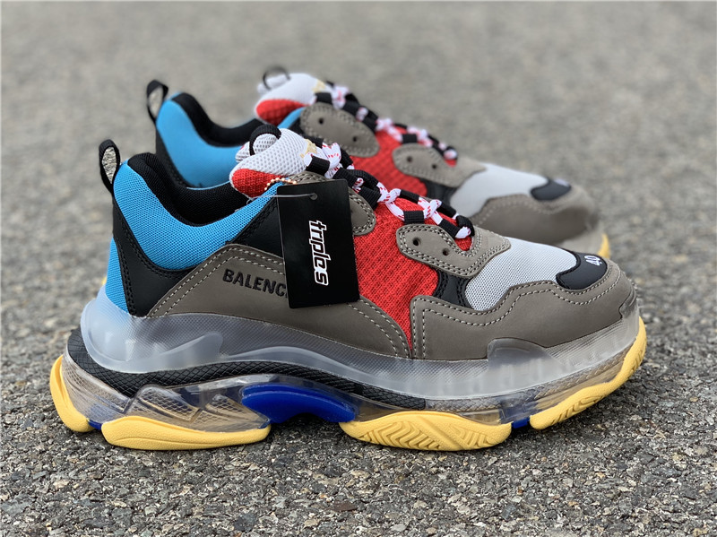 Balenciaga Triple S Clear Sole Blue Red high-quality replica sneakers featuring striking blue and red colorway, oversized silhouette, and transparent sole design for a trendy urban look.
