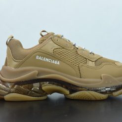 Balenciaga Triple S Clear Sole Brown replica sneakers featuring a unique design with a clear sole and premium brown accents, ideal for sneaker enthusiasts seeking high-quality alternatives.