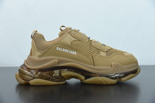 Balenciaga Triple S Clear Sole Brown replica sneakers featuring a distinctive chunky design with a transparent sole and premium materials, ideal for sneaker enthusiasts seeking stylish yet affordable alternatives.
