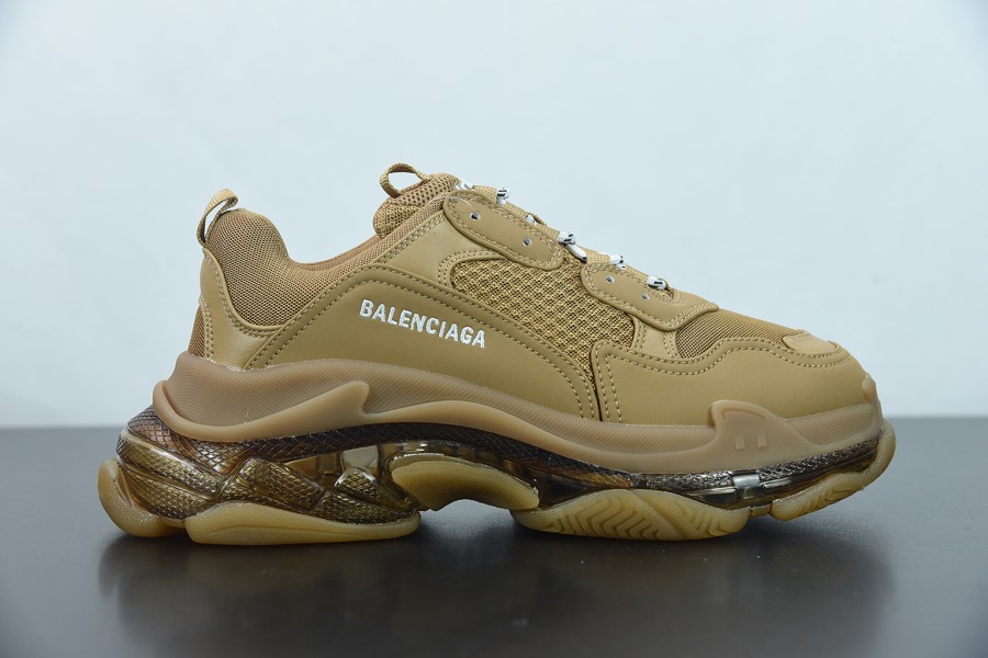 Balenciaga Triple S Clear Sole Brown replica sneakers featuring a unique design with a clear sole and premium brown accents, ideal for sneaker enthusiasts seeking high-quality alternatives.