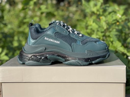 Balenciaga Triple S Clear Sole Dark Green replica sneakers featuring a chunky silhouette, dark green mesh and leather upper, and transparent sole, ideal for sneaker enthusiasts seeking high-quality shoes.