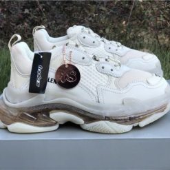 Balenciaga Triple S Clear Sole Off White replica sneakers featuring a stylish off-white design with a transparent outsole, perfect for sneaker enthusiasts looking for high-quality shoes.