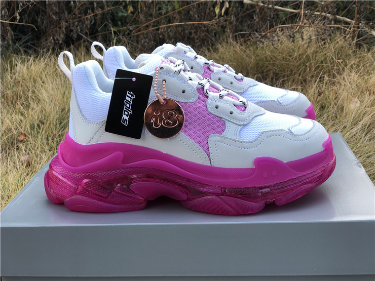 Alt Text: "Balenciaga Triple S Clear Sole in White and Pink - High-quality replica sneakers featuring a striking design with a transparent sole, perfect for fashionable casual wear."