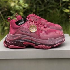 Balenciaga Triple S Clear Sole Wine Red replica sneakers featuring a unique design with a rich burgundy upper and transparent sole, ideal for fashion-forward shoe enthusiasts looking for high-quality replicas.