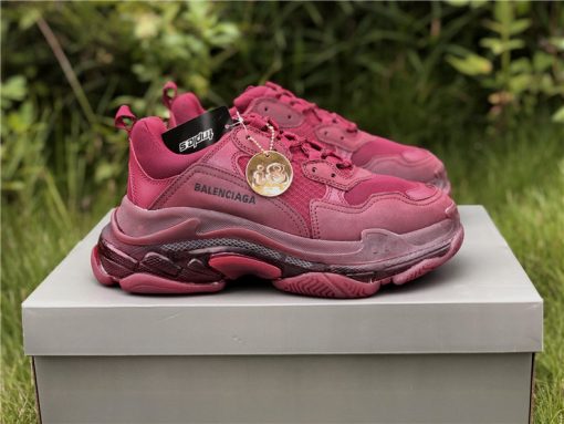 Balenciaga Triple S Clear Sole Wine Red replica sneakers featuring a unique design with a rich burgundy upper and transparent sole, ideal for fashion-forward shoe enthusiasts looking for high-quality replicas.