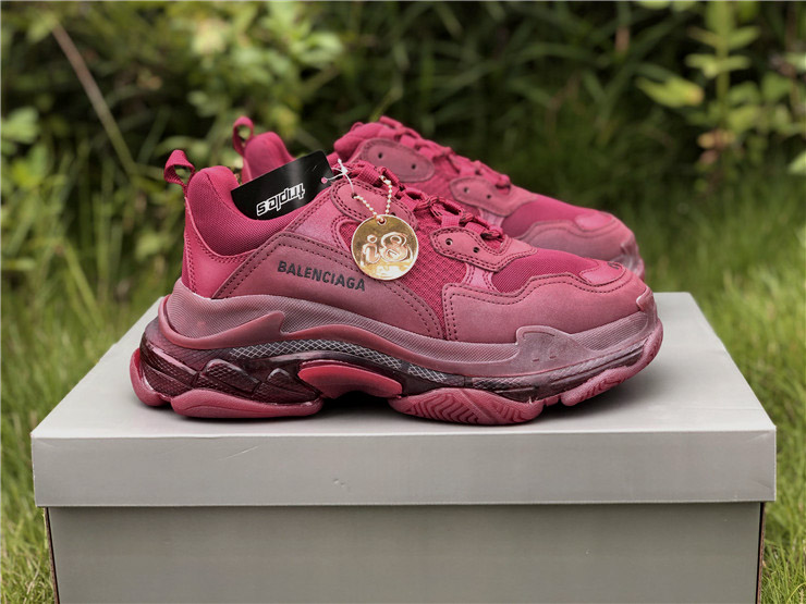 Balenciaga Triple S Clear Sole in Wine Red - high-quality replica sneakers featuring a bold colorway, chunky silhouette, and transparent sole, perfect for stylish and comfortable footwear.