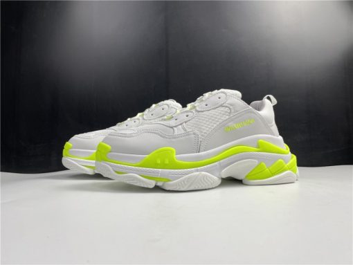 Alt Text: "Balenciaga Triple S White Fluorescent Green replica sneakers featuring a chunky silhouette and vibrant fluorescent green accents, perfect for shoe aficionados seeking high-quality replicas."