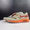Clot x Nike Air Max 1 Kiss Of Death replica sneakers showcasing a unique design with premium materials, featuring a translucent upper and distinctive color accents.