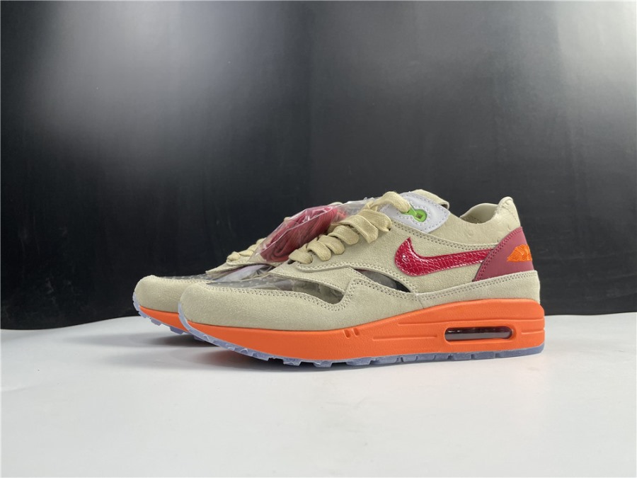 High-quality replica sneakers featuring the Clot x Nike Air Max 1 Kiss of Death design, showcasing a unique colorway and luxurious materials for a stylish look.