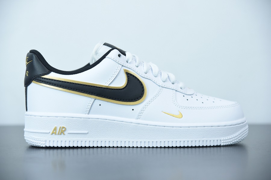 Nike Air Force 1 07 LV8 White Metallic Gold replica sneakers featuring a sleek white leather upper with metallic gold accents, ideal for sneaker enthusiasts seeking high-quality imitation footwear.