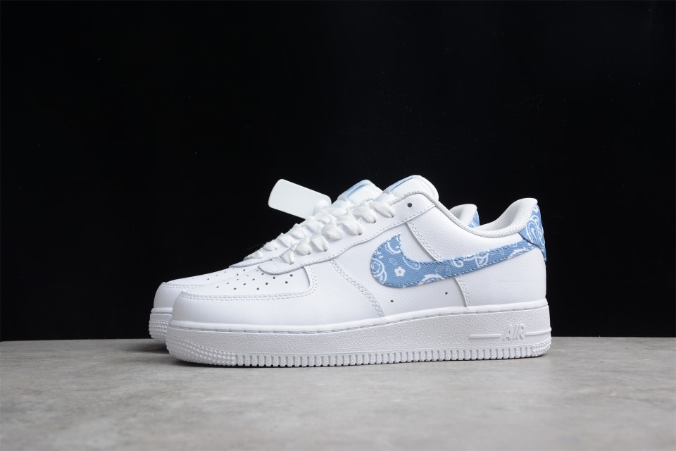 Nike Air Force 1 Low 07 Essential White Worn Blue Paisley replica sneakers showcasing a classic design with a stylish blue paisley pattern on a pristine white base for a trendy look.