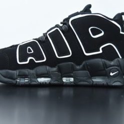 Nike Air More Uptempo Black White 2020 replica sneakers featuring a stylish design with a black leather upper, bold white lettering, and a classic silhouette perfect for sneaker enthusiasts and collectors.