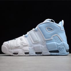 Nike Air More Uptempo Psychic Blue Sky replica sneakers featuring a vibrant blue colorway with iconic oversized lettering, perfect for sneaker enthusiasts seeking stylish and high-quality alternatives.
