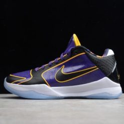 Nike Kobe 5 Protro Lakers replica sneakers featuring a striking purple and gold colorway, designed for basketball enthusiasts and fans of the late Kobe Bryant, showcasing premium craftsmanship and attention to detail.