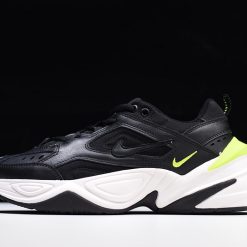 Nike M2K Tekno Black Volt high-quality replica sneakers featuring a sleek black design with vibrant volt accents, perfect for fashion-forward footwear enthusiasts.