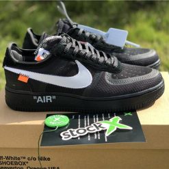 Off White X Nike Air Force 1 Black replica sneakers featuring a sleek black design, signature Off White branding, and distinctive details, perfect for sneaker enthusiasts seeking high-quality replicas.