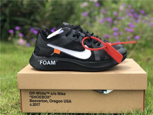 Off White X Nike Zoom Fly Black replica sneakers showcasing a sleek black design with distinctive Off White branding, perfect for sneaker enthusiasts looking for high-quality replicas.