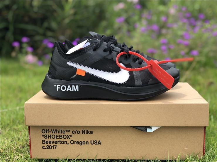 Off White X Nike Zoom Fly Black AJ4588 001 high-quality replica sneakers featuring a sleek black design, signature Off-White branding, and a lightweight construction perfect for stylish performance.