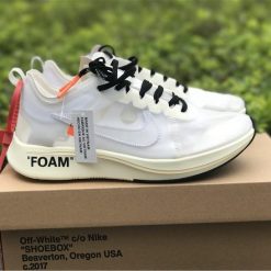 Off White X Nike Zoom Fly White replica sneakers showcasing a stylish design with a white and cream color palette, featuring the signature Off White detailing and transparent accents ideal for sneaker enthusiasts and collectors.