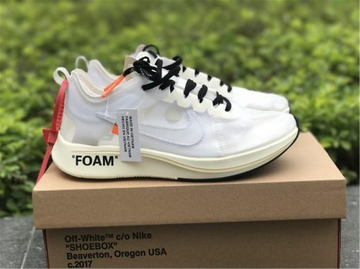 Off White X Nike Zoom Fly White high-quality replica sneakers showcasing a sleek design with distinctive branding and modern aesthetics, perfect for sneaker enthusiasts.