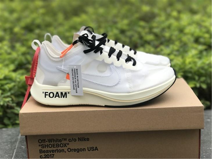 Off White X Nike Zoom Fly White replica sneakers showcasing a stylish design with a white and cream color palette, featuring the signature Off White detailing and transparent accents ideal for sneaker enthusiasts and collectors.