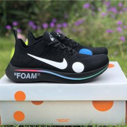 Off White X Zoom Fly Black replica sneakers showcasing a sleek black design with distinctive Off White branding, perfect for sneaker enthusiasts seeking high-quality alternatives.