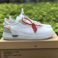 Off White x Nike Air Force 1 Low White replica sneakers featuring a sleek white upper, signature Off White branding, and distinctive design details, perfect for sneaker enthusiasts seeking high-quality replicas.