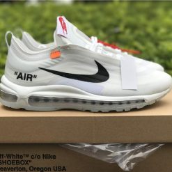 Off White x Nike Air Max 97 White AJ4585 100 high-quality replica sneakers showcasing a sleek white design with unique branding and distinct detailing, perfect for sneaker enthusiasts.