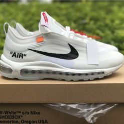 Off White x Nike Air Max 97 White replica sneakers showcasing a sleek design with a premium white upper, distinctive Off White branding, and the classic Air Max cushioning, perfect for sneaker enthusiasts seeking high-quality replicas.