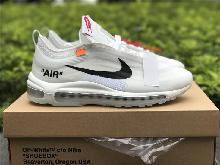 Off White x Nike Air Max 97 White AJ4585 100 high-quality replica sneakers showcasing a sleek white design with unique branding and distinct detailing, perfect for sneaker enthusiasts.