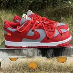 Off White x Nike Dunk Low Lthr University Red replica sneakers featuring a striking red and white colorway, premium leather construction, and a unique design reflecting collaboration style, perfect for sneaker enthusiasts and collectors.