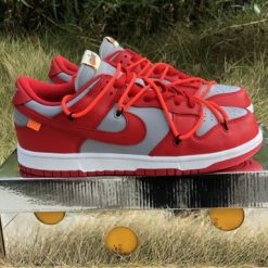 Off White x Nike Dunk Low LTHR University Red replica sneakers featuring a vibrant red leather upper, distinctive Off White branding, and a classic Dunk silhouette, perfect for sneaker enthusiasts and collectors.