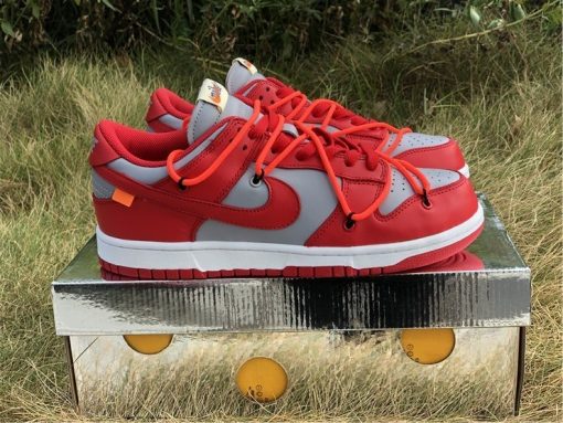 Off White x Nike Dunk Low LTHR University Red replica sneakers featuring a vibrant red leather upper, distinctive Off White branding, and a classic Dunk silhouette, perfect for sneaker enthusiasts and collectors.