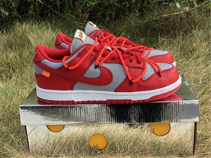 Off White x Nike Dunk Low Lthr University Red replica sneakers featuring a striking red and white colorway, premium leather construction, and a unique design reflecting collaboration style, perfect for sneaker enthusiasts and collectors.