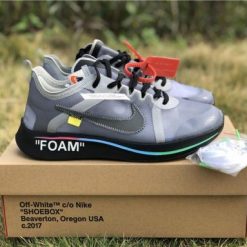 Off White x Nike Zoom Fly Grey Rainbow replica sneakers showcasing a stylish design with a grey upper, vibrant rainbow accents, and signature Off White branding, perfect for sneaker enthusiasts and collectors.