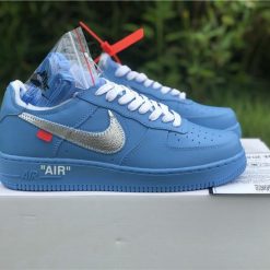 Off White x Nike Air Force 1 Low 07 MCA Blue replica sneakers showcasing a vibrant blue canvas, Off White branding, and a sleek silhouette, designed for sneaker enthusiasts seeking high-quality replicas.