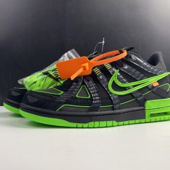 Off White x Nike Air Rubber Dunk Green Strike replica sneakers featuring a vibrant green and white colorway, designed for style and comfort, showcasing the iconic Off White and Nike branding.