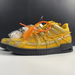 Off White x Nike Air Rubber Dunk University Gold CU6015 700 high-quality replica sneakers showcasing a vibrant yellow and black colorway with distinctive design elements.