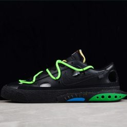 Off White x Nike Blazer Low Black Green replica sneakers featuring a sleek black upper with vibrant green accents, showcasing a stylish and modern design ideal for sneaker enthusiasts.
