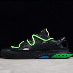 Off White x Nike Blazer Low Black Green replica sneakers featuring a sleek black upper with vibrant green accents, perfect for stylish streetwear enthusiasts.